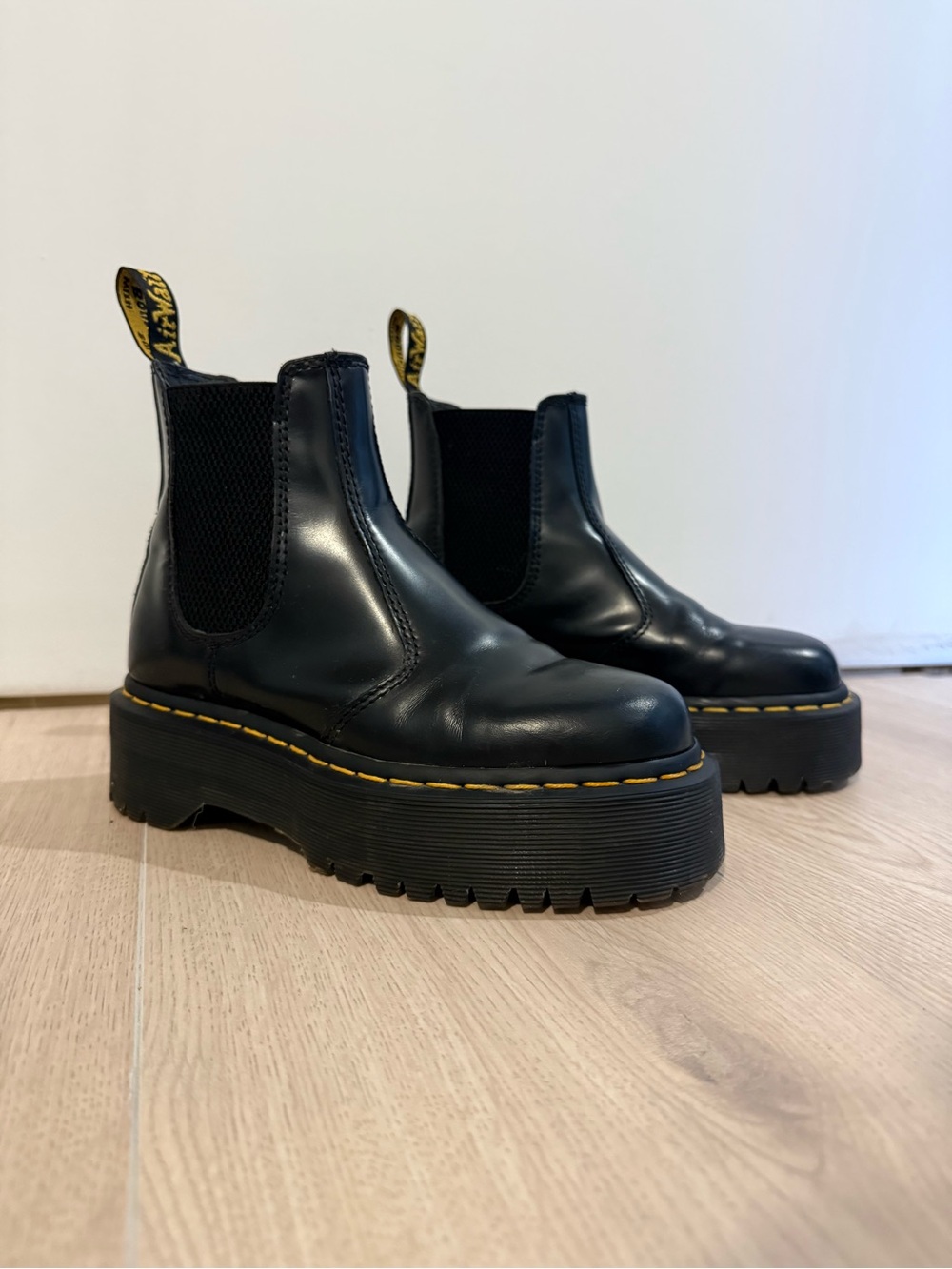 Dr. Martens Black Leather Platform Chelsea Boots with Yellow Stitching